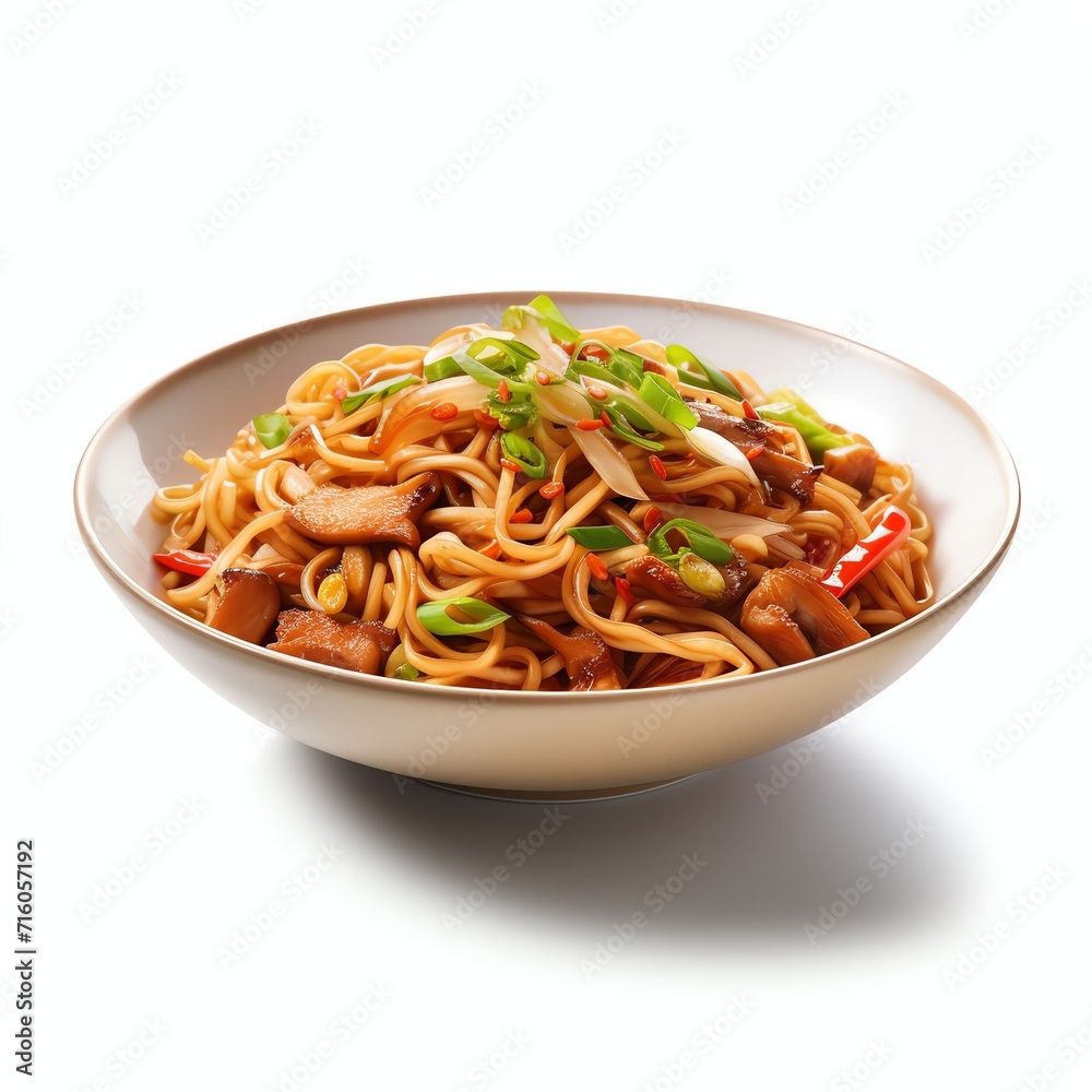 a stir fried noodles, studio light , isolated on white background