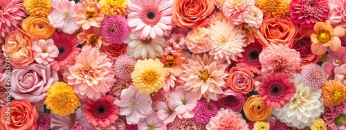 A vibrant and diverse group of flowers, ranging in color from peach to pink to red, artfully arranged into a stunning bouquet with a mix of natural and artificial blooms photo