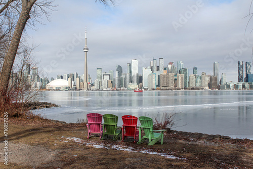 Muskoka Chairs overlooking Toronto Skyline in Winter