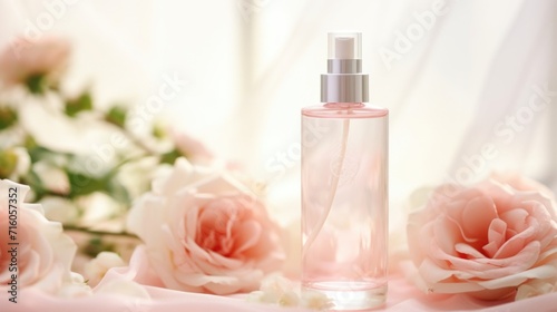 Closeup of a delicate rosewater toner, designed to soothe and hydrate all skin types at any age. photo