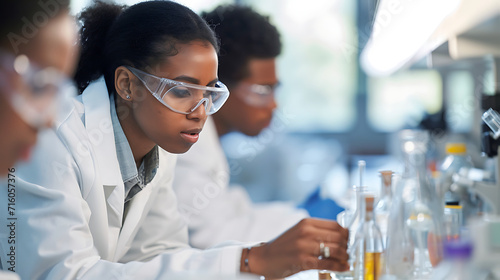 Em um laboratório brilhante e moderno diversos cientistas em jalecos brancos e óculos de segurança trabalham diligentemente juntos manipulando habilmente tubos de ensaio e microscópios photo