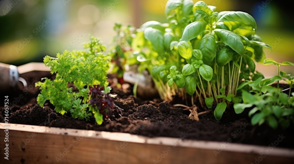 Closeup of soil and roots in a container garden, filled with fresh herbs. Closeup of soil and roots in a container garden, filled with fresh herbs.