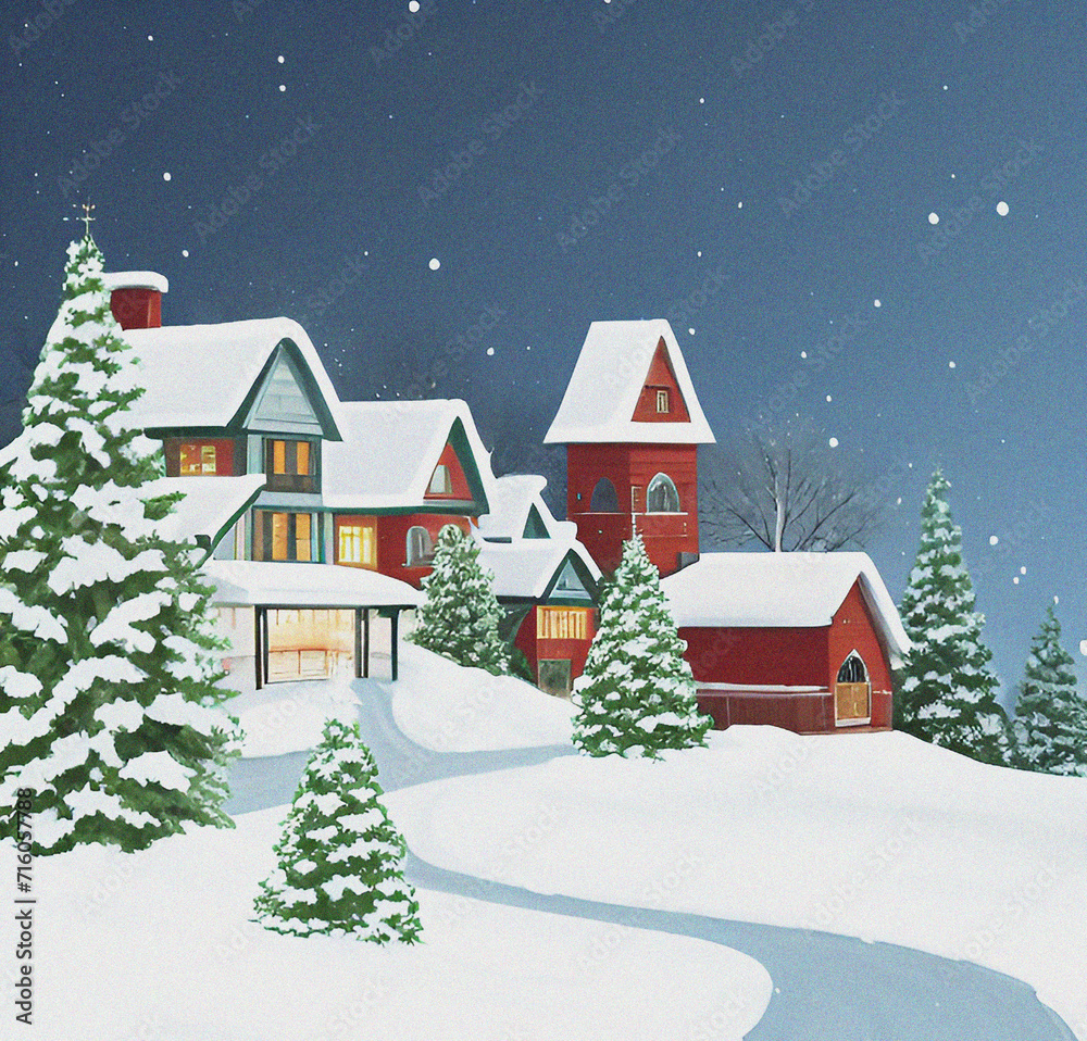 Winter landscape with sky and houses. Colorful illustration, background, wallpaper.  Christmas card design. New year flyer