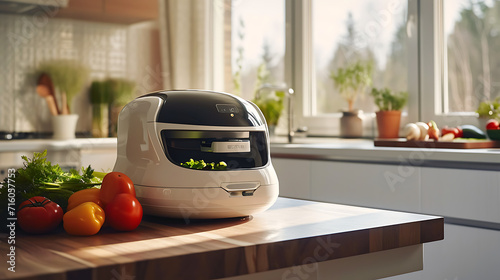 Em uma cozinha moderna um assistente robótico elegante navega suavemente no espaço cortando legumes habilmente e integrando-se perfeitamente ao processo de cozimento