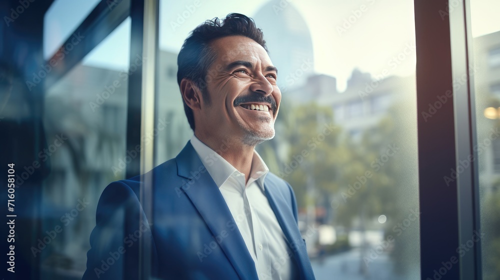 Mexican middle age business man looking at the windows Mexican middle age business man looking at the windows