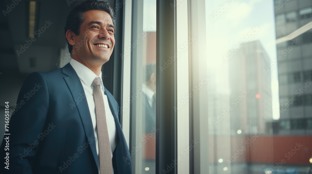 Fototapeta premium Mexican middle age business man looking at the windows 