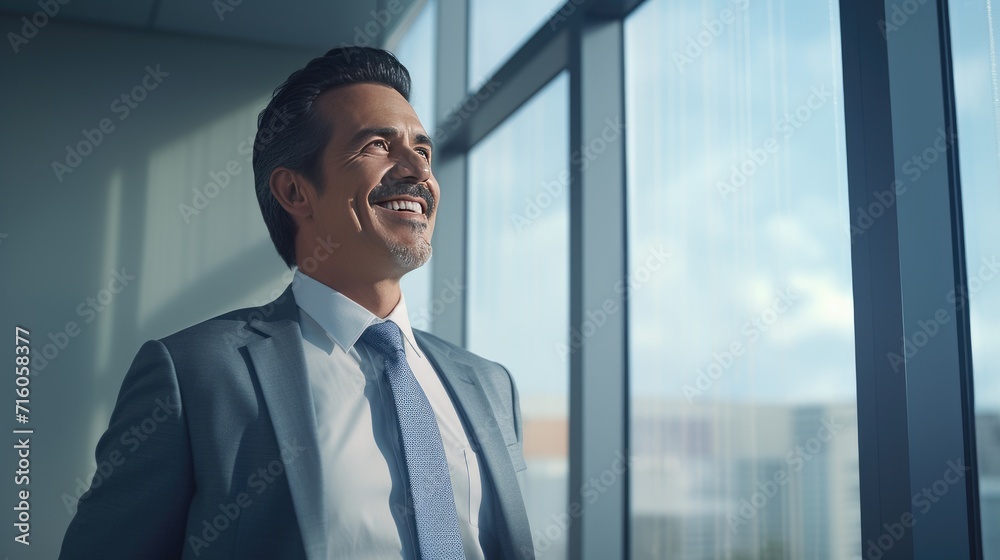 Fototapeta premium Mexican middle age business man looking at the windows 