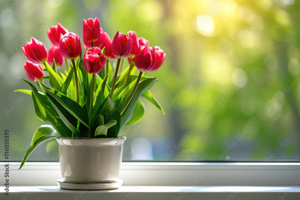 Spring flowers tulips planted in a pot on the white window sill