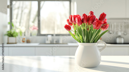 Red tulips in a pitcher on white kitchen island