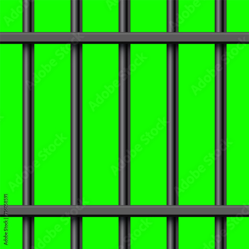 Black metal prison bars on green chroma key background. Detailed jail cage, prison iron fence. Criminal background mockup. Vector illustration