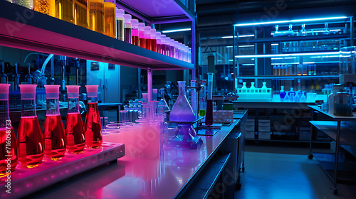 Num laboratório moderno iluminação fluorescente vibrante ilumina as superfícies estéreis e elegantes lançando um brilho futurista sobre o equipamento de ponta e maquinaria intricada