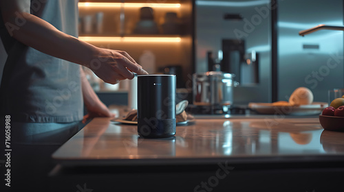 Em uma cozinha moderna e elegante uma pessoa é vista usando um alto-falante inteligente controlado por voz para ajustar a iluminação e tocar música
