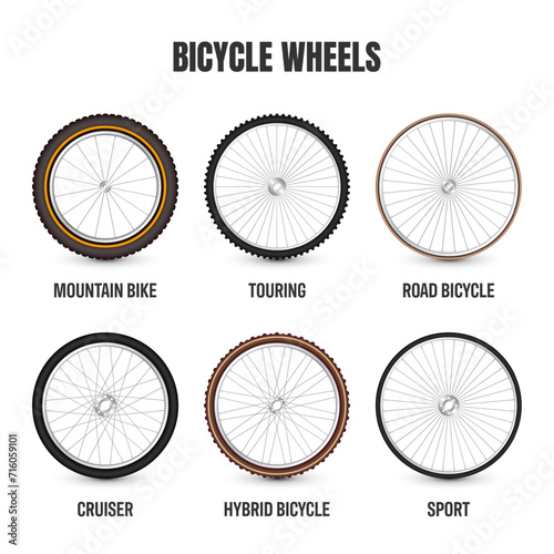 Realistic 3d retro bicycle wheels. Vintage bike rubber tyres, shiny metal spokes and rims. Fitness cycle, touring, sport, road and mountain bike. Vector illustration photo
