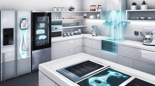 Em uma cozinha moderna e elegante um assistente ativado por voz controla os eletrodomésticos inteligentes com eficiência perfeita
