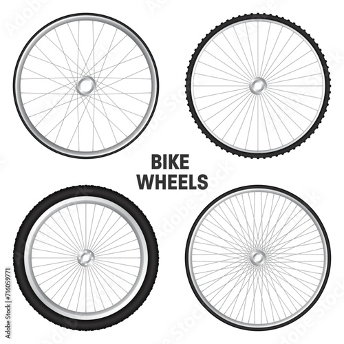 Realistic 3d bicycle wheels. Bike rubber tyres, shiny metal spokes and rims. Fitness cycle, touring, sport, road and mountain bike. Vector illustration