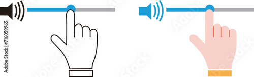 スマートフォンやタブレットで音量を上げる動作をする手と指先のフラットなベクターイラスト