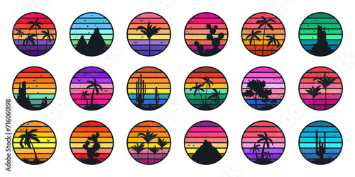 Grunge vintage sunset collection. Colorful striped sunrise badges in 80s and 90s style. Sun and ocean view, summer vibes, surfing. Design element for print, logo or t-shirt. Vector illustration