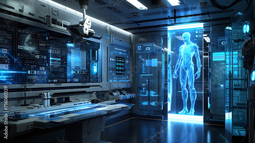 Em um laboratório minimalista e elegante luzes suaves de L E D azul lançam um brilho futurista sobre o espaço