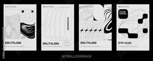 Retro futuristic vector minimalistic Posters with silhouette basic figures, Modern monochrome print brutalism, extraordinary graphic elements of geometrical shapes composition.