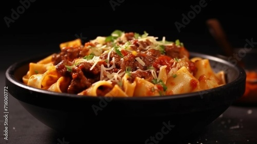 Pasta pappardelle with beef ragout sauce in black bowl Ai Generative photo