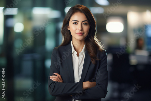 Business woman. Portrait of a arabic, beautiful, young and happy woman in a suit standing in a modern office. Smiling female manager looking at the camera in a workplace