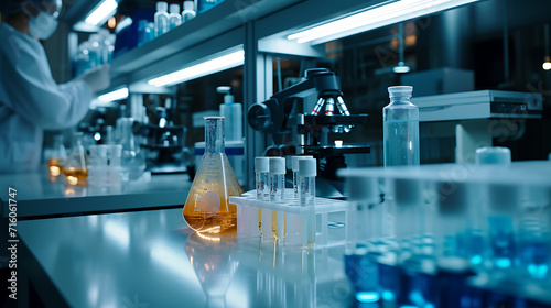 Em um laboratório moderno e elegante uma série de tubos e frascos futuristas e transparentes contendo líquidos vibrantes e brilhantes são cuidadosamente arranjados em bancadas imaculadas photo