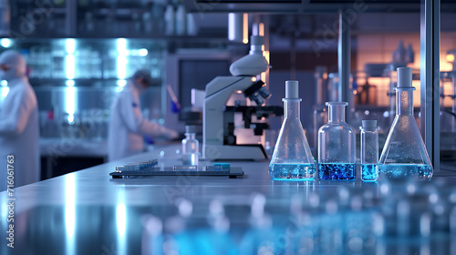 Em um laboratório moderno e elegante uma série de tubos e frascos futuristas e transparentes contendo líquidos vibrantes e brilhantes são cuidadosamente arranjados em bancadas imaculadas photo