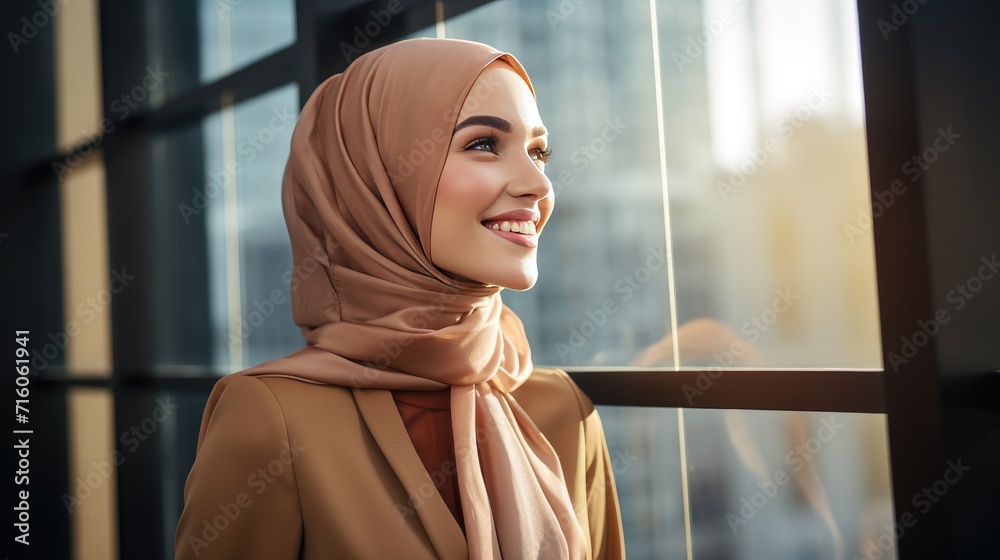 Muslim young business woman looking at the window Muslim young business woman looking at the window
