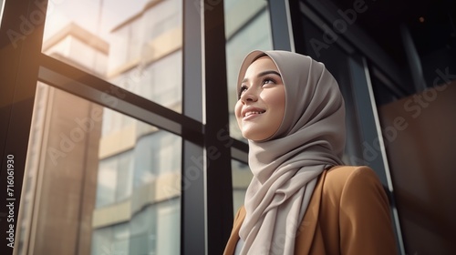 Muslim young business woman looking at the window 