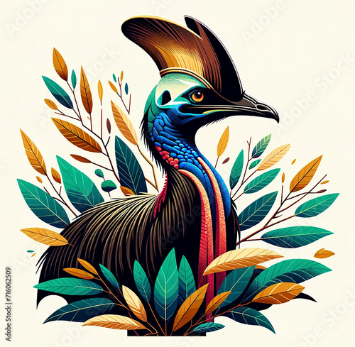 A spacious graphical style image of a cassowary in native bush leaves, in the same style as the earlier animal images, suitable for a stock library. T.png photo