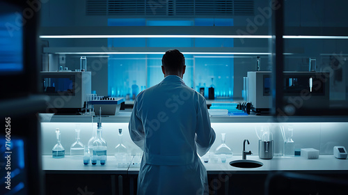 Em um laboratório moderno e elegante luzes  L E D azuis suaves iluminam equipamentos de última geração e ferramentas biotecnológicas futuristas photo