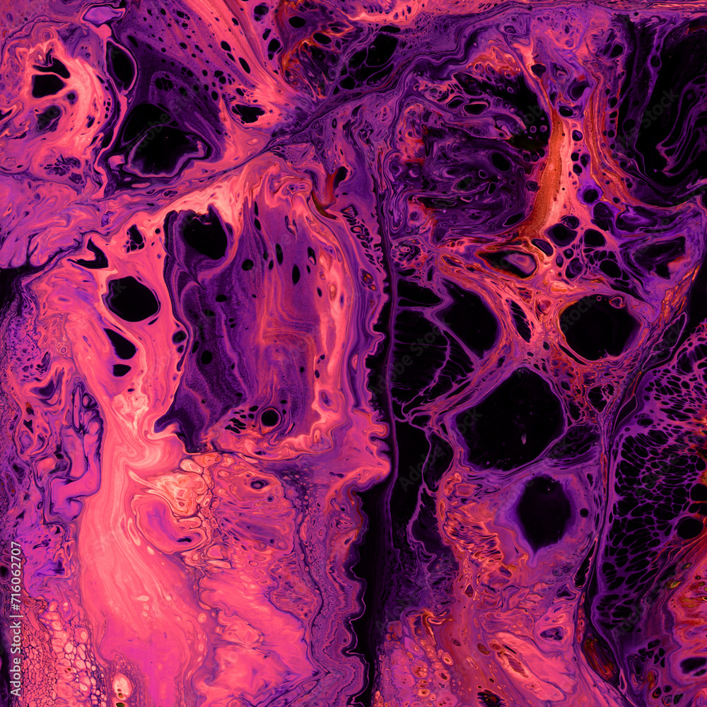 Vibrant, colorful and fluid abstract paint texture background in a modern and contemporary style with shades of purple, magenta, pink, black, red