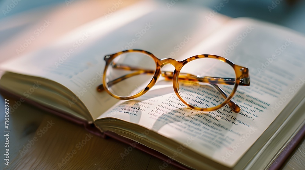 A close-up shot of a book with glasses on it. generative AI A close-up shot of a book with glasses on it. generative AI