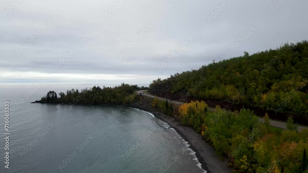 Drone shot of fall foliage and Lake Superior in Minnesota, USA Drone shot of fall foliage and Lake Superior in Minnesota, USA