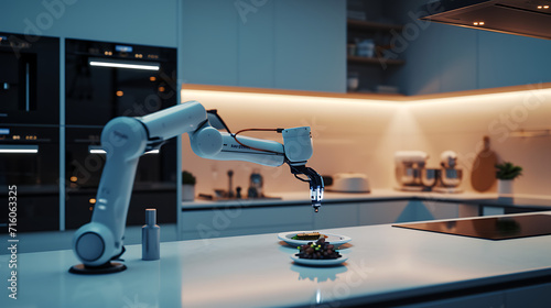 Em uma cozinha moderna e espaçosa um elegante braço robótico prepara uma refeição perfeitamente manobrando com facilidade em uma dança coreografada de precisão e eficiência photo