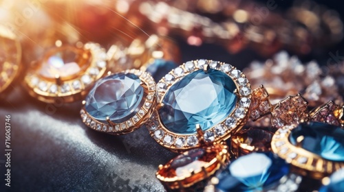 Macro shot of new collections exquisite jewelry pieces featuring sparkling gemstones and intricate metalwork.