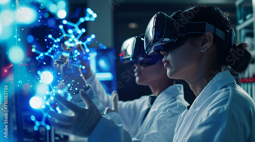 Pesquisadores científicos vestidos com jalecos e óculos mergulham em um ambiente de realidade virtual