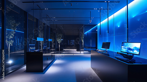 Iluminação suave ilumina um elegante espaço de escritório minimalista onde dispositivos tecnológicos de ponta se misturam perfeitamente ao ambiente photo