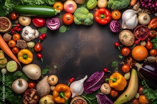 vegetable food background with empty space in the center, flat lay of various types of vegetables