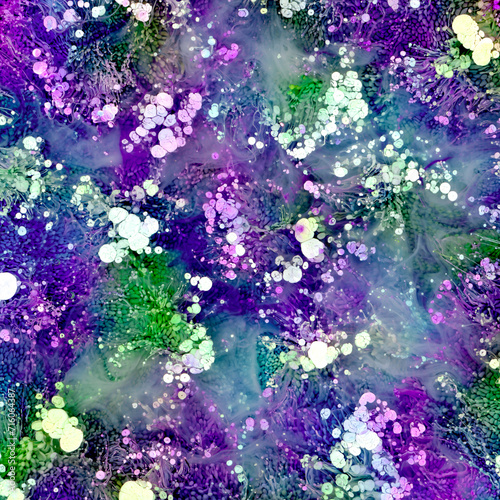 Vibrant, colorful and fluid abstract alcohol ink paint texture background. In a modern and contemporary style with shades of purple, green, white, pink, black