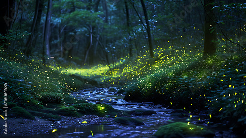 A densa floresta está envolta em uma escuridão a tinta quebrada apenas pelo suave brilho emanando de pequenos cogumelos bioluminescentes espalhados pelo chão da floresta photo