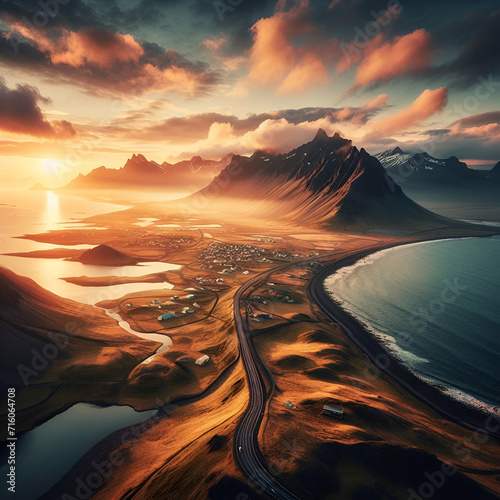 Ariel View of a Long Scenic Mostly Empty Curve Winding Line Dark Asphalt Countryside Street Road without Cars Driving in Iceland in a Beautiful Landscape, Misty Snow Volcanic Mountains & Sunset Coast 