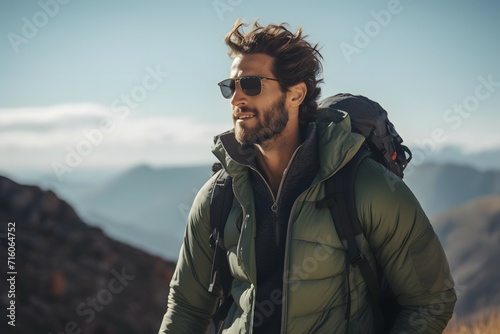 Male traveler on a mountaintop with a backpack appreciating the mountain scenery