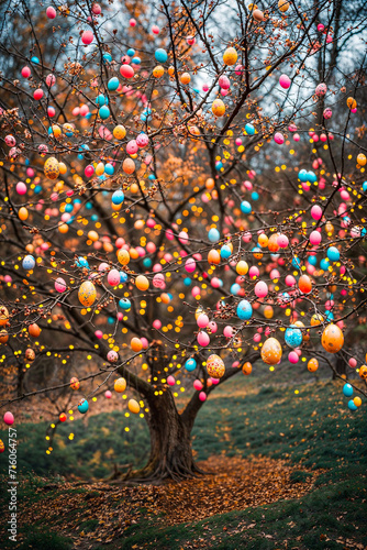 Colorful dyed Easter eggs and lights covering defoliated trees, vertical, spring decoration, outdoor exterior decor photo