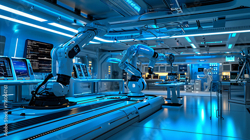 O elegante interior futurista de um laboratório de tecnologia é banhado por uma luz azul criando uma atmosfera de inovação e pesquisa de ponta photo
