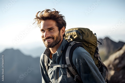 Male traveler on a mountaintop with a backpack appreciating the mountain scenery © Rax Qiu