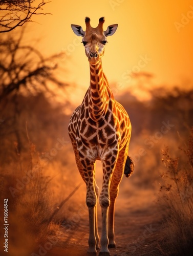 Giraffe standing in the middle of a field at sunset. Generative AI. © serg3d