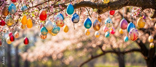Easter egg ornaments hanging from a flowering spring tree branch, outdoor decor, wide banner, copyspace © Sunshower Shots