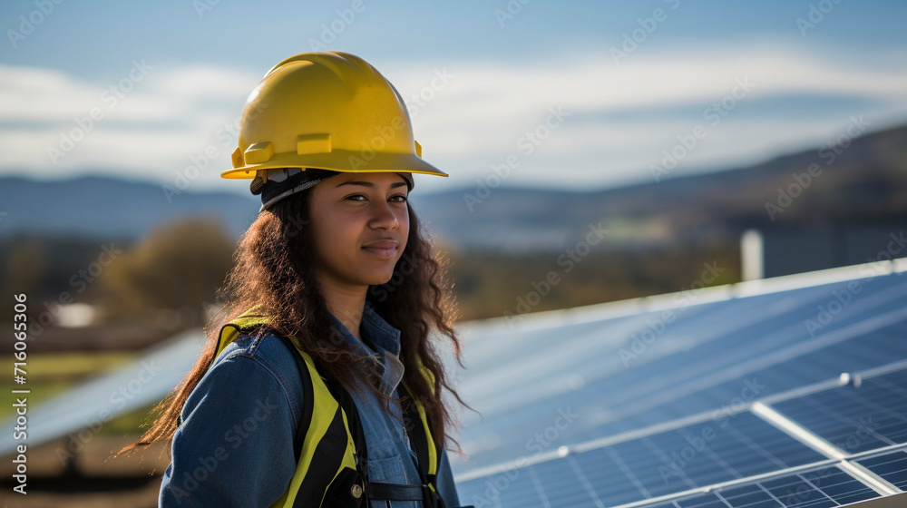 Eco-Warrior Woman: Female Engineer and Solar Panels, Generative AI Eco-Warrior Woman: Female Engineer and Solar Panels, Generative AI