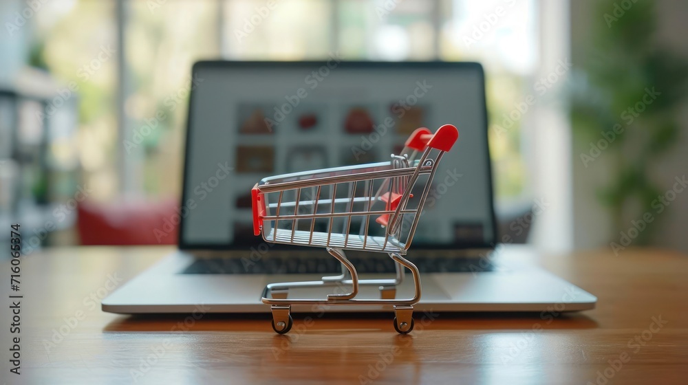 Shopping Cart on Laptop Online Shopping Concept Photo Generative AI